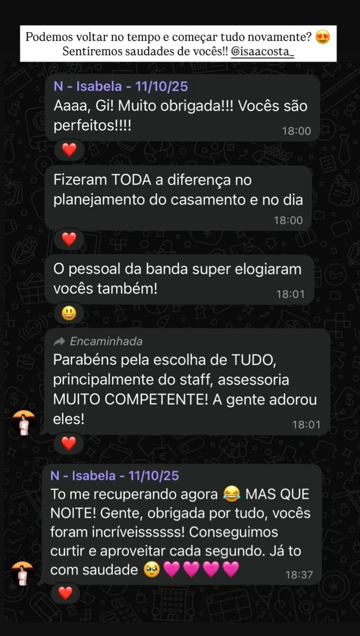 Depoimento da noiva Isabela sobre a organização do casamento
